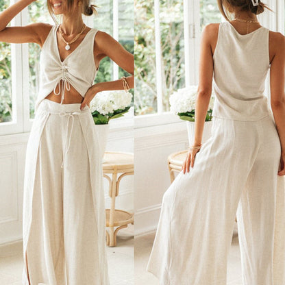 Women Fashion Casual Solid Color Drawstring Sleeveless Top Pants Set