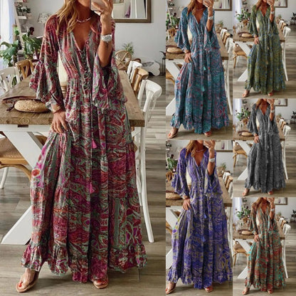 Vestido largo informal bohemio con estampado de flores diminutas y cuello en V y mangas abullonadas para mujer