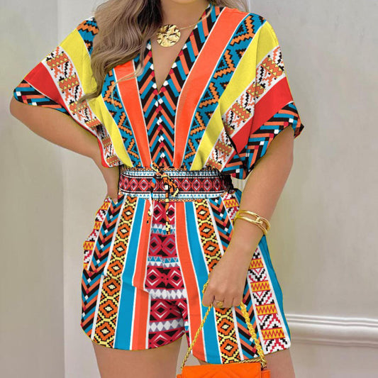 Women Fashion Casual Gradient Printing Dolman Sleeve Defined Waist Romper