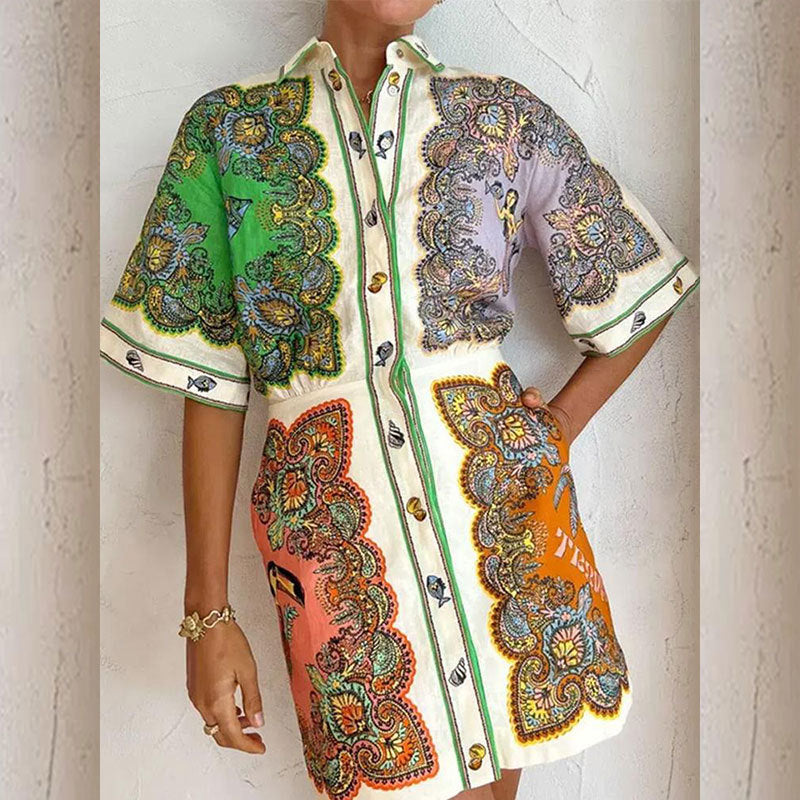 Women Fashion Casual Graphic Printed Lapel Single-Breasted Dress