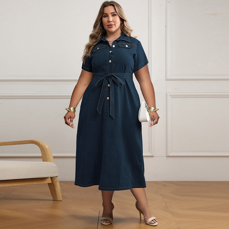 Women Fashion Casual Plus Size Lapel Short Sleeve Lace-Up Loose Denim Dress