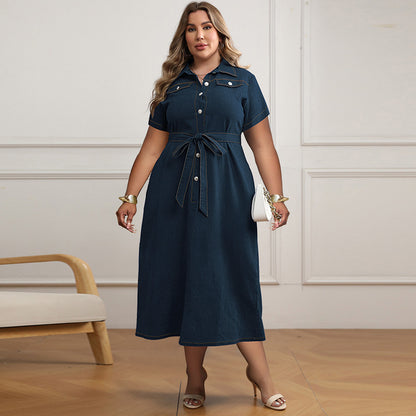 Women Fashion Casual Plus Size Lapel Short Sleeve Lace-Up Loose Denim Dress