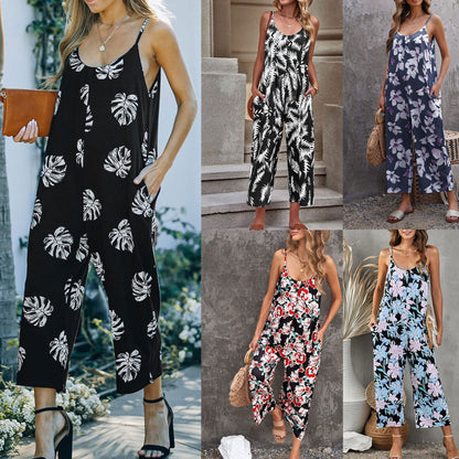 Summer Women Fashion Casual Sling Floral Printed Jumpsuits