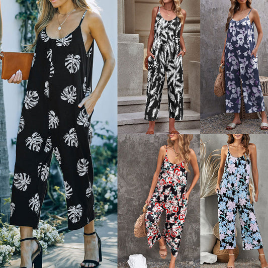 Summer Women Fashion Casual Sling Floral Printed Jumpsuits