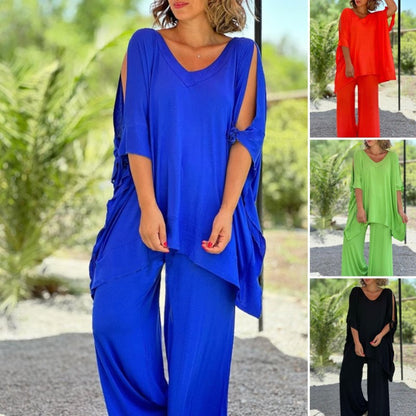Conjunto de dos piezas para mujer, holgado, informal, con escote en V, pantalones de pierna ancha y talla grande