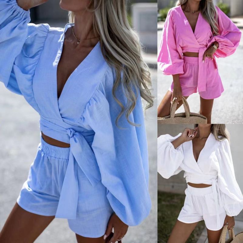 Conjunto de dos piezas de top y pantalones cortos de lino y algodón con cordones, manga larga, cuello en V, holgado e informal para mujer