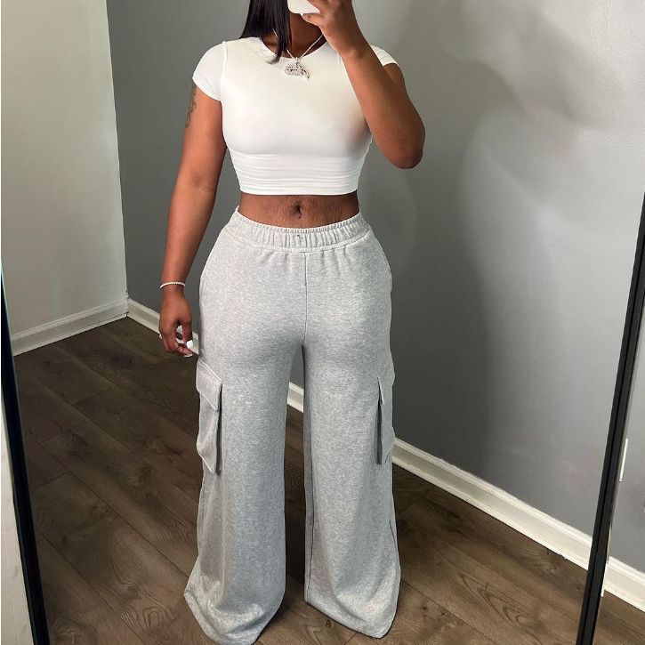 Women Fashion Casual High Waist Wide Legs Cargo Pants
