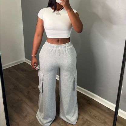 Women Fashion Casual High Waist Wide Legs Cargo Pants