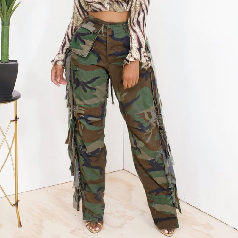 Women Casual Camouflage Print Tassel Pocket Lounge Pants