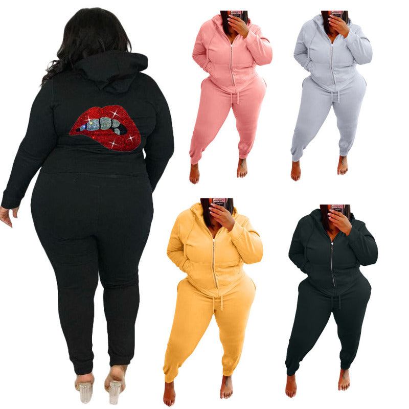 Conjunto informal de dos piezas con top y pantalones de manga larga con estampado de labios y diamantes de imitación para mujer