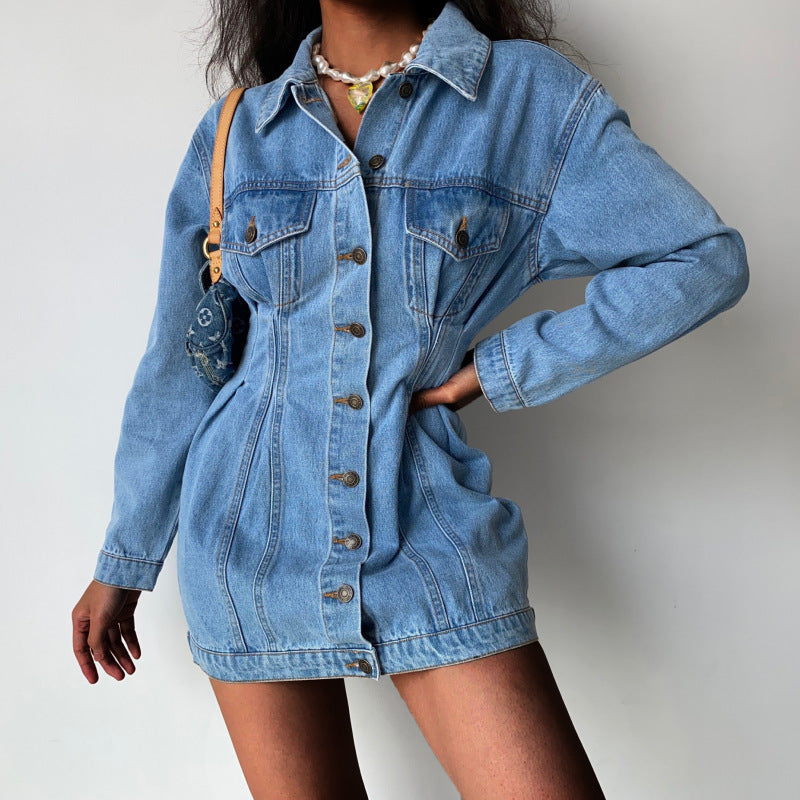 Women Denim Lapel Long Sleeve Button Waist Casual Dress