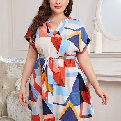 Plus Size Women High Waist Summer Color Blocking Geometry Print Short Sleeve Casual Dress
