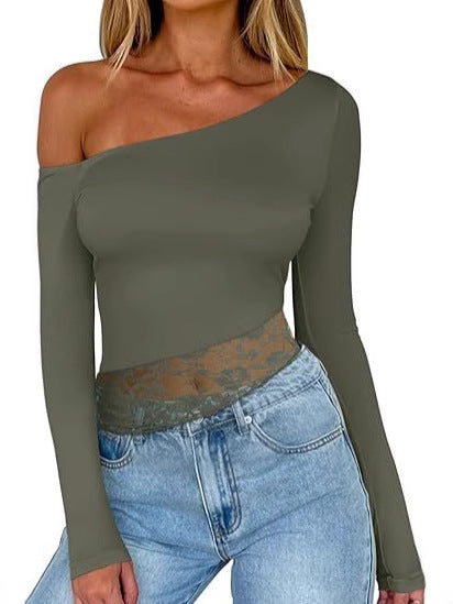 Camiseta informal de manga larga con hombros descubiertos y encaje de color liso para mujer