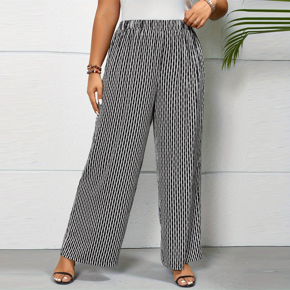 Summer Women Casual Plus Size Stripe Printed Wide Leg Pants