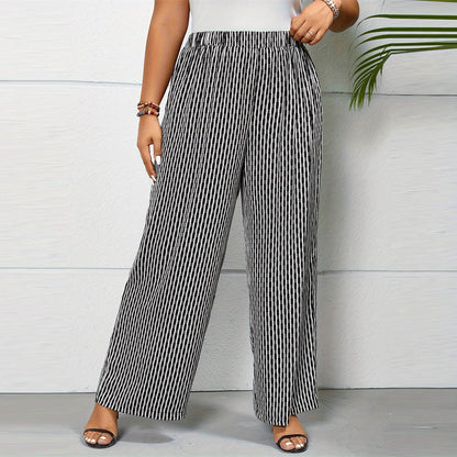Summer Women Casual Plus Size Stripe Printed Wide Leg Pants