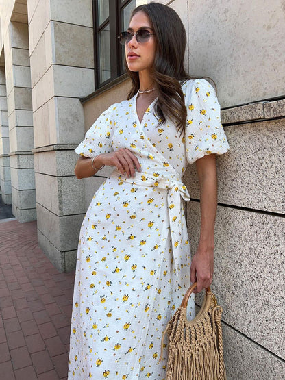 Women Fashion Casual Floral Printed V-Neck Puff Sleeve Lace-Up Dress