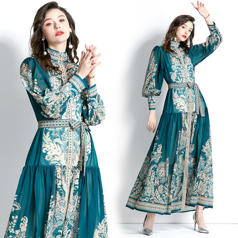 Women Elegant Retro Casual Chiffon Long-Sleeved Stand Collar Lantern Sleeve Tie-Up Print Dress