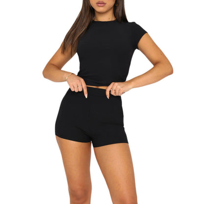 Conjunto informal de camiseta y pantalones cortos de manga corta ajustados para mujer, color liso, básico, deportivo, de verano