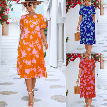 Summer Vacation Women'S Casual Loose Puff Sleeve Floral Printed Midi Dress