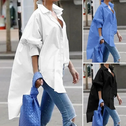 Women Office Fashion Casual Loose Long Sleeve Solid Shirt Blouse