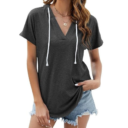 Camiseta holgada informal de manga corta con cuello en V y color liso para mujer