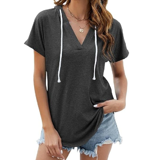 Camiseta holgada informal de manga corta con cuello en V y color liso para mujer
