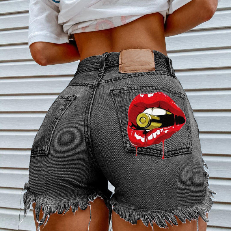 Women Summer Loose Edgy Vintage Casual High Waist Lip Printed Denim Shorts