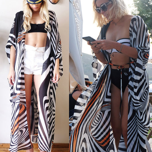 Traje de baño de gasa con estampado de cebra para mujer, informal, holgado, para vacaciones en la playa