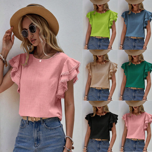 Blusas casuales de color sólido con cuello redondo y volantes para mujer