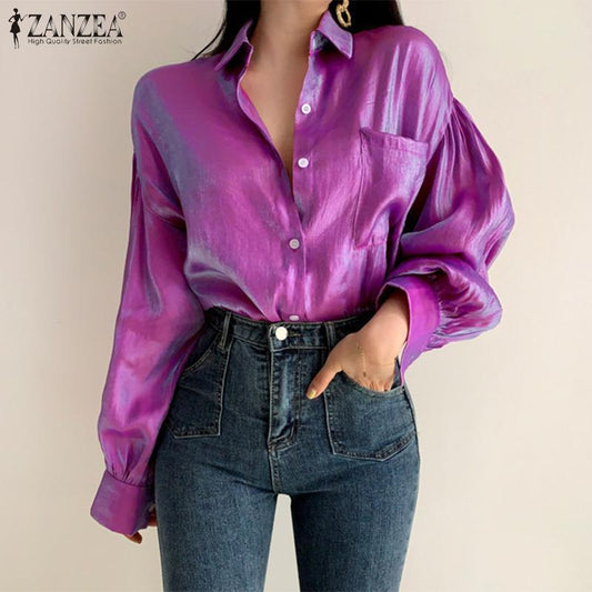 Blusa informal de manga larga abullonada con solapa elegante de color liso a la moda para mujer