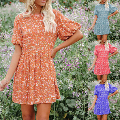Vestido informal holgado de manga corta con estampado floral y mangas farol para mujer