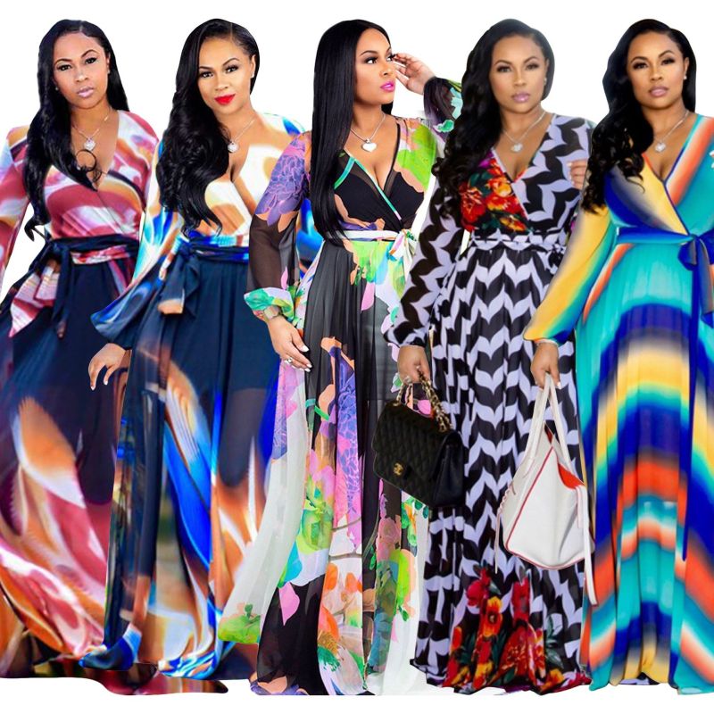 Women Fashion Casual Digital Printing V-Neck Long Sleeve Loose Dress