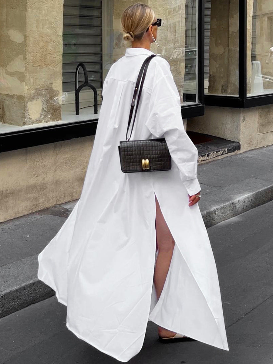 Women Casual Loose Solid Color Lapel Split Cotton Dress