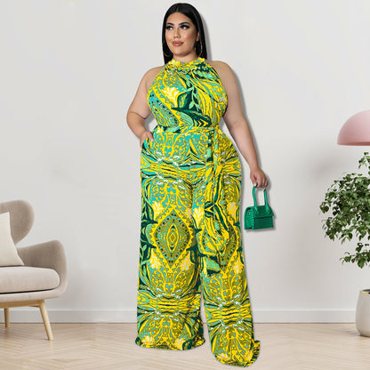 Women Casual Plus Size Floral Printed Sleeveless Loose Lace-Up Jumpsuits