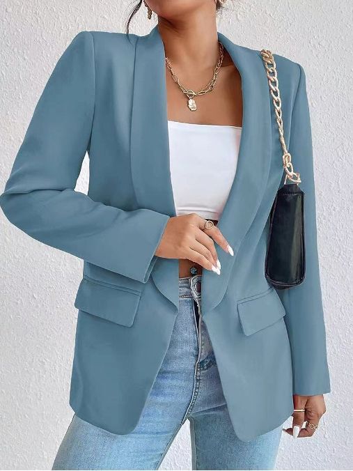 Chaqueta blazer informal de manga larga con solapa de color liso para mujer