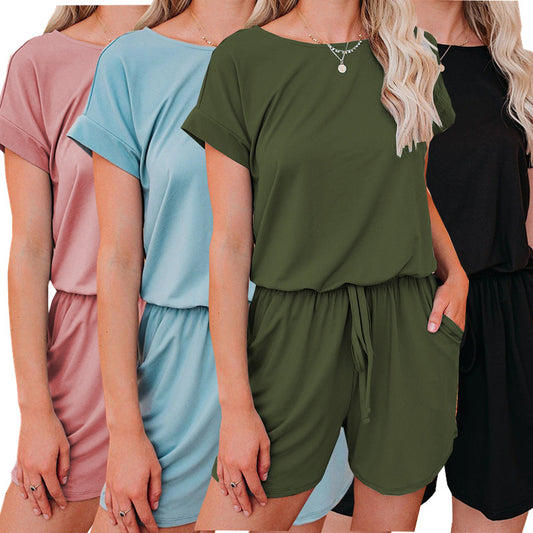 Conjunto de dos piezas formado por top y pantalón corto, manga corta y color liso, informal, a la moda para mujer