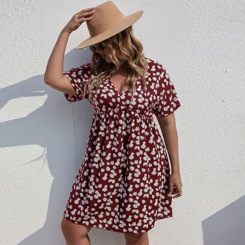 Women Fashion Casual Floral Printing V-Neck Short Sleeve Plus Size Dress