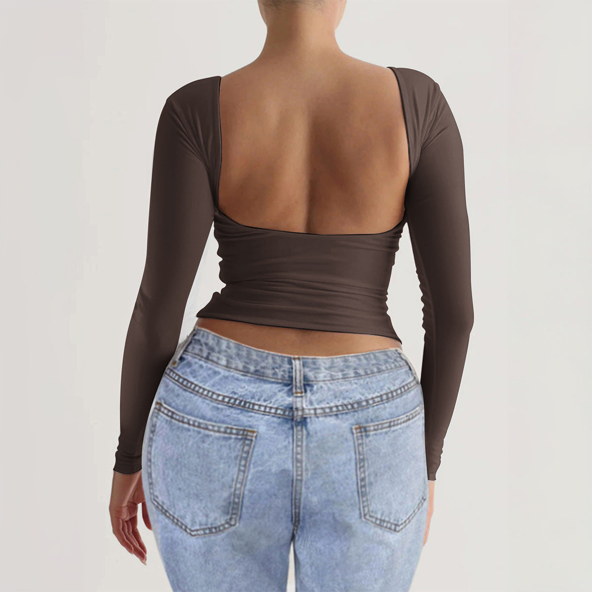 Camiseta informal de manga larga con cuello redondo y espalda descubierta para mujer