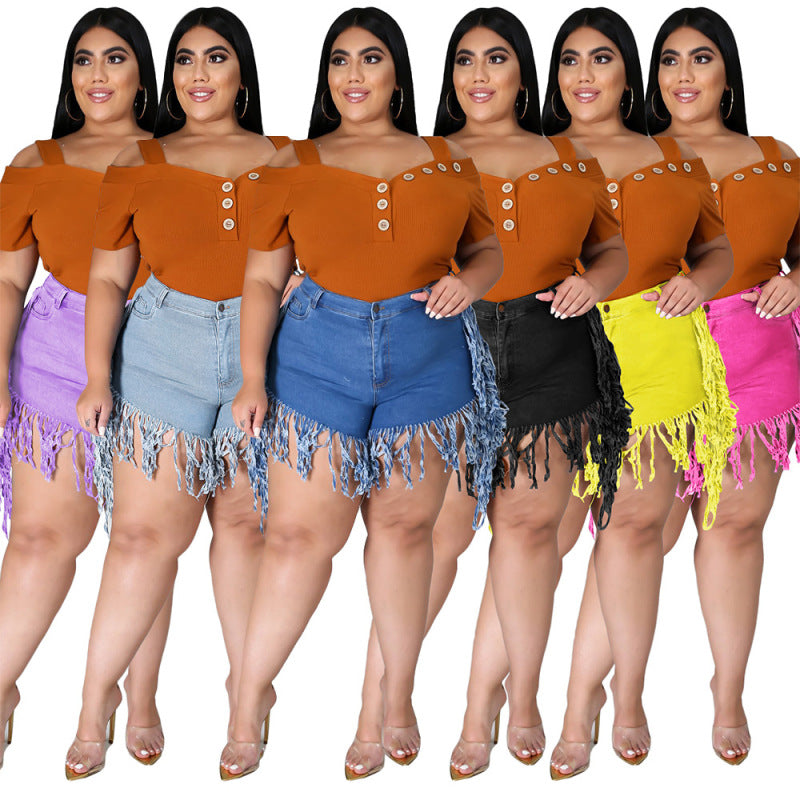 Women Fashion Casual Rothle Tassel Sanding Denim Shorts