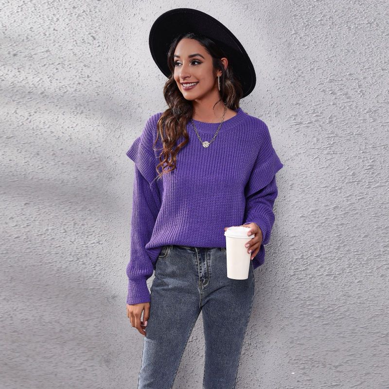 Women Casual Solid Color Round Neck Long-sleeved Loose Knitted Sweater