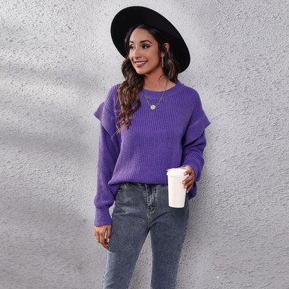 Women Casual Solid Color Round Neck Long-sleeved Loose Knitted Sweater