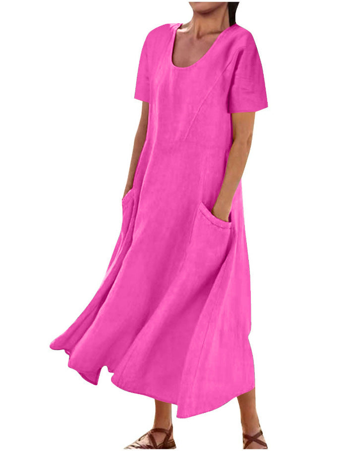 Women Casual Solid Color Cotton Linen Round Neck Short Sleeve Loose Dress