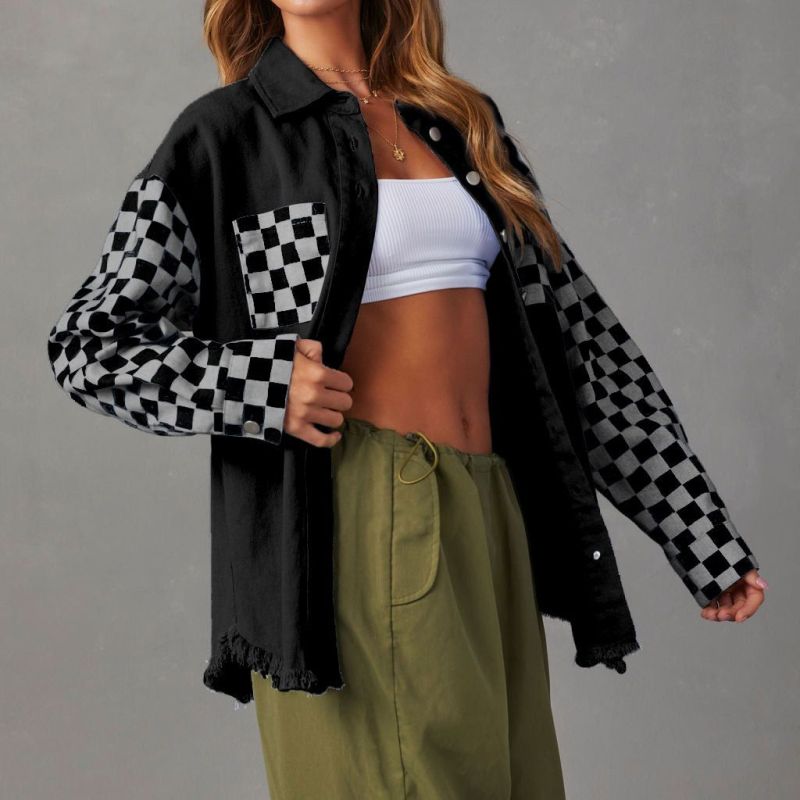 Abrigo vaquero informal holgado con bloques de color a cuadros para mujer