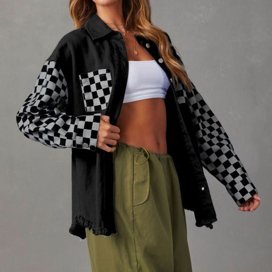 Abrigo vaquero informal holgado con bloques de color a cuadros para mujer