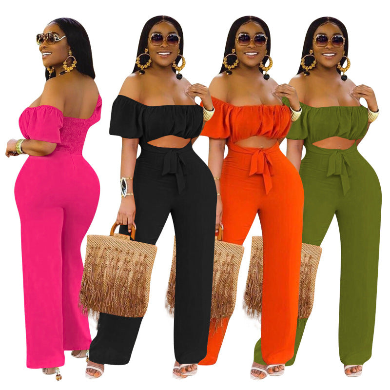 Women Solid Color Backless One-Shoulder One-Piece Casual Wide-Leg Jumpsuit
