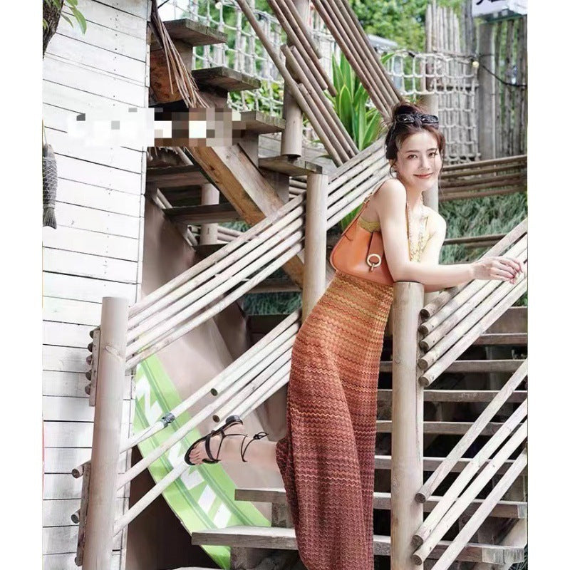 Women Fashion Casual Gradient Stripe Camisole Slim-Fit Knitted Dress