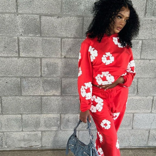 Women Fashion Casual Floral Printed Hooded Long-Sleeved Sweatshirt Pants Two-Piece Set