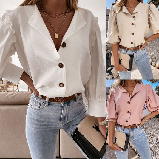 Blusa elegante básica informal de color liso con mangas cortas y volantes para mujer