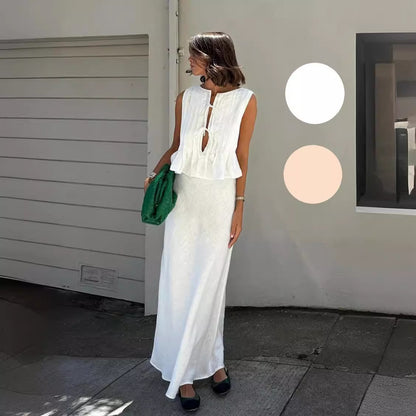 Conjunto de dos piezas formado por top y falda con tirantes, sin mangas, de lino y algodón, informal, de verano para mujer