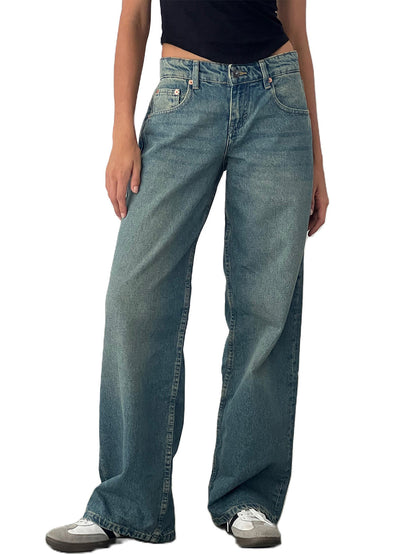 Women Fashion Casual Solid Color Straight Jeans
